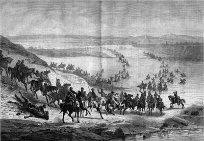 Secessio-sota (1861-1865) tai Amerikan sisällissota: Kenraali Stuartin eteläisen ratsuväen ylittää Potomacin. Kaiverrus "" Le Monde Illustré" -julkaisussa nro 293, 22. marraskuuta tekijältä French School