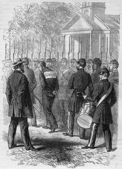 Secession War (1861-1865) tai Amerikan sisällissota: pohjoisen aseen sotilaan rangaistus, jota syytetään hete taistelussa. Kädet sidottuna, "Lache"-kyltti selässään, hän ylittää leirin rummun soidessa. Kaiverrus ”” Le Monde Illustré”” nro tekijältä French School