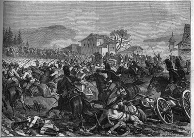 Toinen liittouma (1798-1800): Stockachin taistelu 3. toukokuuta 1800 Ranskaa ja Itävaltaa vastaan - Kaiverrus vuodelta 1865 Louis Adolphe Thiersin teokseen "Histoire du Consulate et de l