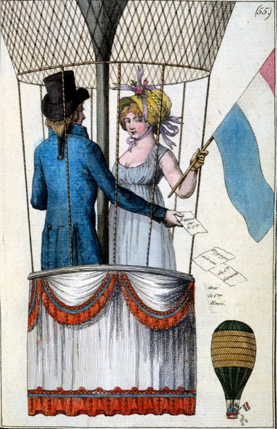 Garnerinin toinen lento Citoyenne Henrin kanssa Parc Monceausta, 8. heinäkuuta 1798, Costumes Parisiensista, n. 1798 tekijältä French School