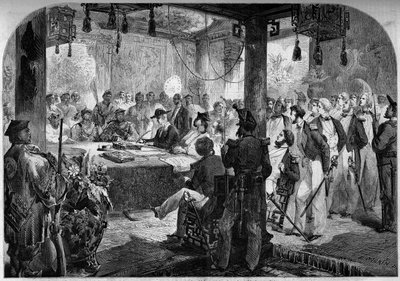 Toinen oopiumisota Ranskan ja Englannin ja Kiinan välillä (1858-1860) - Tianjinin sopimuksen (Tientsin) allekirjoittaminen vuonna 1858: Englannin ja Ranskan suurlähettiläät Lord Elgin (James Bruce) tekijältä French School