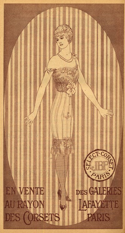 Valitse JPB-korsetti myytävänä Galeries Lafayetten korsettiosastolla Pariisissa - 1914 tekijältä French School
