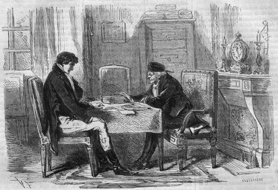 Sarjaromaani: Emile Souvestren (1806-1854) "Rikkaat ja köyhät". Kaksi miestä puhumassa: "Skrupulat eivät ole koskaan kiduttaneet ketään." Kaiverrus "" Les bons romances"" tekijältä French School