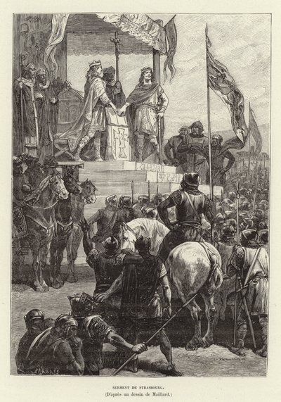 Serment de Strasbourg. Oaths of Strasbourg, Ludvig Saksan ja Kaarle Kaljuun, Itä- ja Länsi-Fransian kuningasten liitto, 842 (kaiverrus) tekijältä French School