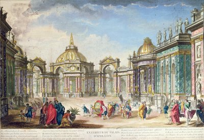 Lavastus Apollosin palatsin ulkoa varten, julkaistu Pariisissa, 1748 tekijältä French School