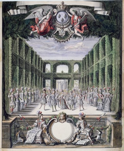 Lavastus tunnistamattomaan balettipuutarhassa Menus Plaisirs du Roi -kokoelmasta (kynä & muste ja wc paperilla) tekijältä French School