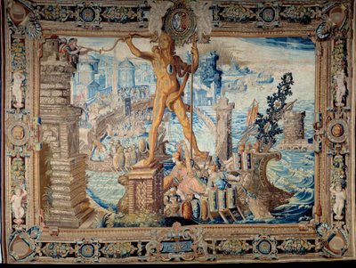 Seitsemän maailman ihmettä: Rodoksen kolossi (Helioksen patsas). Gobelinien työpajan valmistama kuvakudos. 1600-luvun Pariisi, Musee des Gobelins tekijältä French School