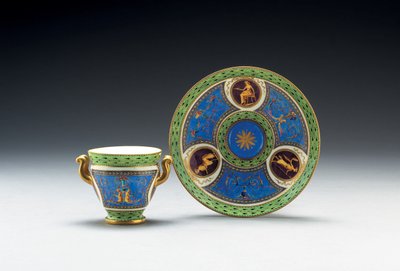 Sevres bleu celeste ja vaaleanvihreä jauhettu kaksikahvainen kuppi ja lautanen, 1790 tekijältä French School