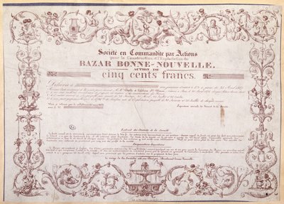 Osaketodistus 500 frangia Bazar Bonne-Nouvelle, 1836 tekijältä French School