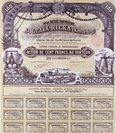 Osaketodistus 100 frangia ranskalais-venäläiselle Joltaia-Riekan kaivosyhtiölle, 1899 tekijältä French School