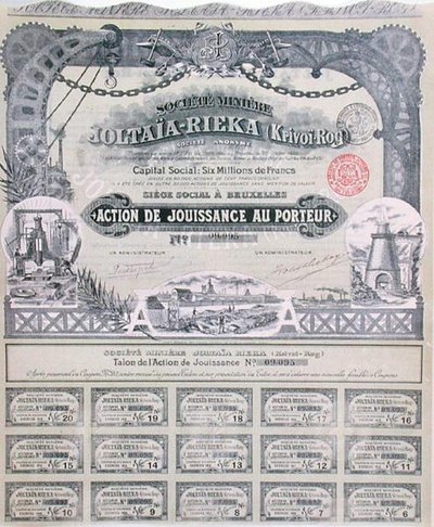 Osaketodistus ranskalais-venäläiselle kaivosyhtiölle Joltaia-Rieka tekijältä French School