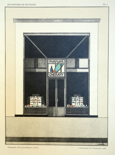 Liikkeen etuosa, levy 1, kuvitus Devantures de Boutiquesista, Louis-Pierre Sezille, Pariisi, 1927 tekijältä French School