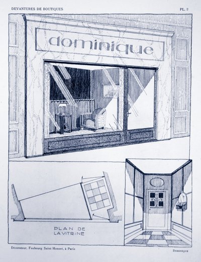 Liikkeen etuosa, levy 2, kuvitus Devantures de Boutiquesista, Louis-Pierre Sezille, Pariisi, 1927 tekijältä French School