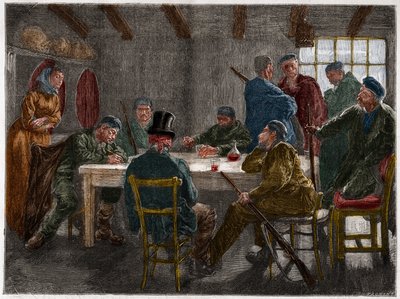 Sisilian mafia 1800-luvulla: Sisilian mafiosin vuonna 1873 kumoama maanomistajan kuulustelu. Kaiverrus vuodelta 1873. tekijältä French School