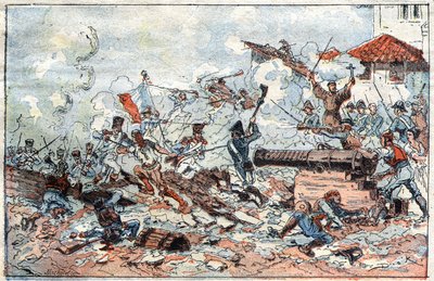 Napoleonin joukot piirittivät ja valtasivat Zaragozan (Zaragoza) Espanjassa helmikuussa 1809. Kaiverrus 1800-luvulta. tekijältä French School