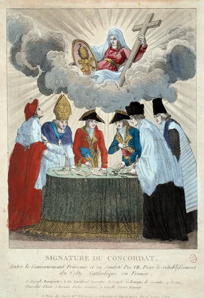 Vuoden 1801 konkordaatin allekirjoittaminen 15.7.1801: Ranskan hallitus (jota edustaa Joseph Bonaparte) ja Saint Siege (edustaa kardinaali Consalvi paavi Pius VII:lle) välillä. 1801 Pariisi, Musee Carnavalet tekijältä French School