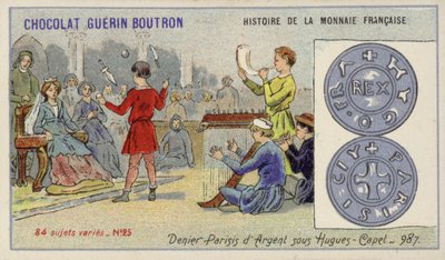 Hugh Capetin hallituskauden hopea denierin pariisi, 987 (chromolitho) tekijältä French School