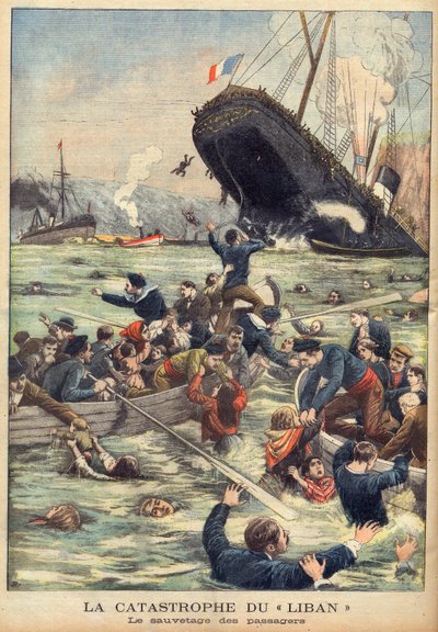 Höyrylaiva Liban upposi Marseillen edustalla, matkustajia pelastettiin ”Le Petit Journalissa” 21.6.1903 (kaiverrus) tekijältä French School