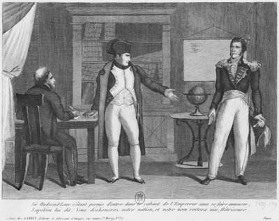 Sir Hudson Lowe saapuu tutkimaan Napoleon I:tä (1769-1821) St. Helenan saarella ilmoittamatta itsestään tekijältä French School