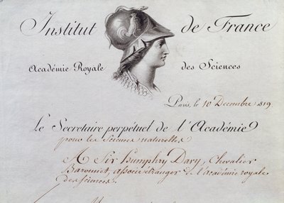 Sir Humphry Davyn (1778-1829) jäsentodistus Institut de Francelle, 10. joulukuuta 1819 tekijältä French School
