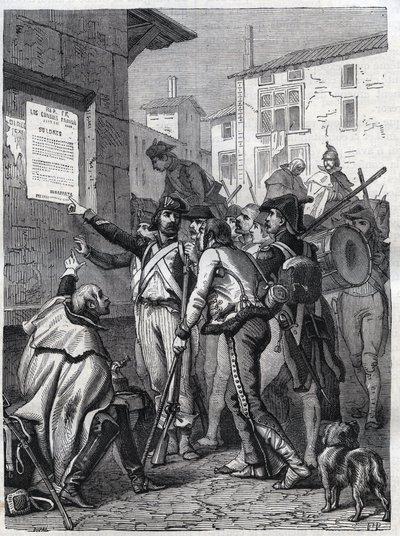 Sotilaat, tarpeesi ovat suuret: ranskalaiset sotilaat lukevat kenraali Bonaparten julistusta marraskuussa 1799 - Kaiverrus vuodelta 1865 Louis Adolphe Thiersin kirjaan "Histoire du Consulate et de l