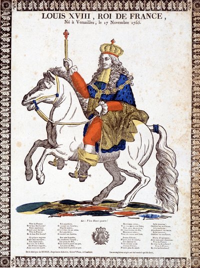 Laulu Ranskan kuninkaan Ludvig XVIII:n kunniaksi, jota havainnollistaa kuninkaan ratsastusmuotokuva (kaiverrus) tekijältä French School