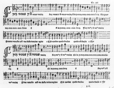 Pierre Attaignant (k. 1552) julkaissut Chansons Musicalesin kappaleet 1535-36 tekijältä French School