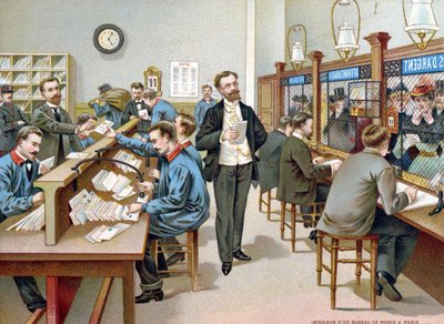 Postin lajittelu Pariisin postitoimistossa, kuvitus postilaitoksen kalenterista, 1904 tekijältä French School