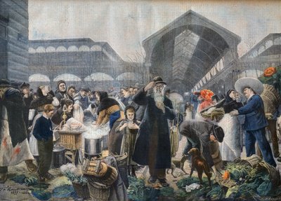 Keittokioski Les Hallesin torilla aamulla, kuvitus "Le petit Journalista", 2. maaliskuuta 1897 - la soup aux Halles le matin Pariisissa - Fortune-Louis Meaullen kaiverrus Jean Jacques Rousseaun (1861-1911) mukaan tekijältä French School