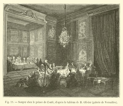 Illallinen prinssi de Contin kanssa; B Olivierin maalauksen jälkeen, Versaillesin galleria tekijältä French School