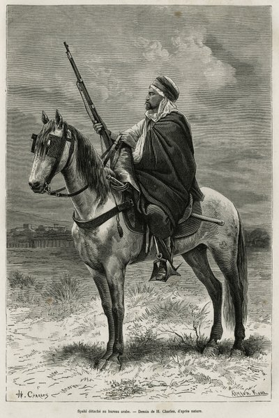 Spahi, tehokas ratsastaja ja kauhu, joka osallistuu Algerian valloittamiseen, Ranskan palveluksessa, eroaa arabien toimistosta, kaivertaa H. Charlesin piirustuksen mukaan havainnollistaakseen A. Heronin tarinaa Tebessa ja sen monumentit (Algeria) de Villef tekijältä French School