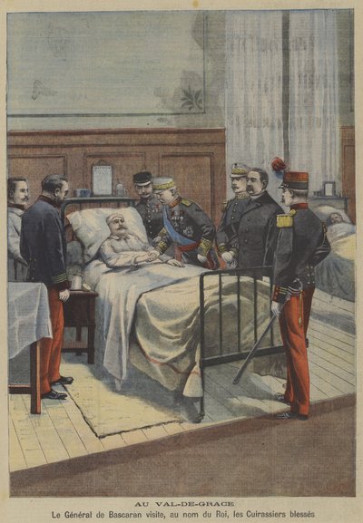 Espanjan kenraali Jose de Bascaran vierailee haavoittuneiden kirassien luona kuningas Alfonso XIII:n nimissä Val-de-Gracen sotilassairaalassa Pariisissa (väri litho) tekijältä French School