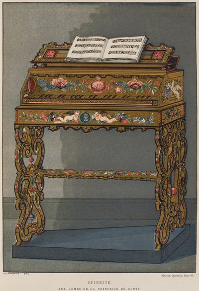 Spinetti Contin prinsessan vaakunalla, kuvitus Henry Havardin Dictionnaire de lameublement et de la decoration, osa 2, levy 26, Paris, Maison Quantin, 1878 (väri litho) tekijältä French School