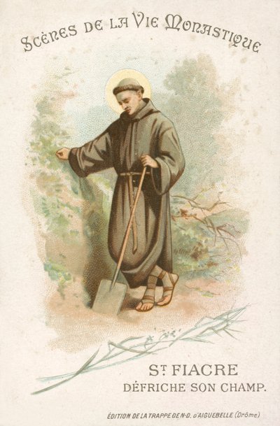 St Fiacre puhdistamassa peltoaan (chromolitho) tekijältä French School