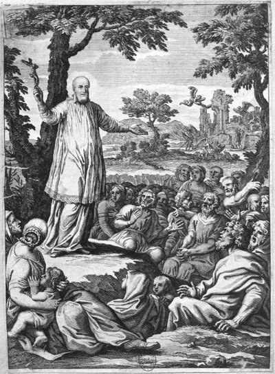 Pyhä Franciscus Sales (1567-1622) saarnaa Chablaisin harhaoppisille (kaiverrus) (bw kuva) tekijältä French School