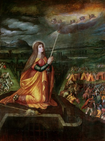 St. Genevieve rukoilee Attilan ja hänen hunniensa tulemisen estämiseksi tekijältä French School