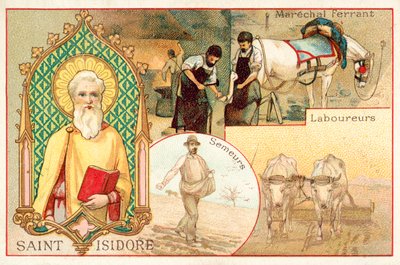 Pyhä Isidore, maanviljelijöiden ja päivätyöläisten suojeluspyhimys (chromolitho) tekijältä French School
