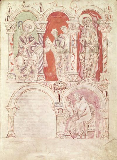 St. John Cassian (360-c.435), kirjoittaja ja munkit, jotka tarjoavat kirjan luostarin suojelijalle, Cassianin Collationesista, St. Amandin luostarista tekijältä French School