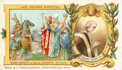Pyhä Leo Suuri pysäyttää Attila Hunin valloituksen Italiassa, 452 (chromolitho) tekijältä French School