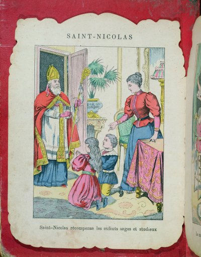 Pyhä Nikolaus vierailee hyvin käyttäytyvien ja ahkerien lasten luona, n. 1880 tekijältä French School