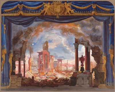 Lavasuunnittelu Rossinin Le Siege de Corinthe -sarjan III näytökseen (wc paperilla) tekijältä French School