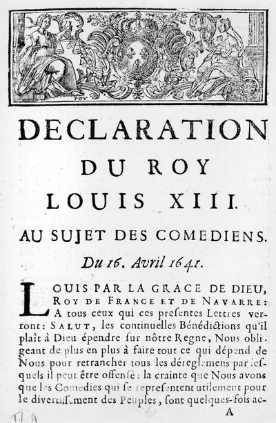 Ludvig XIII:n (1601-43) lausunto koomikoista, 16. huhtikuuta 1641 tekijältä French School