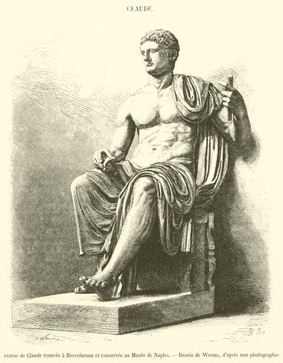 Claudiuksen patsas löydetty Herculaneumista ja säilytetty Napolin museossa (kaiverrus) tekijältä French School