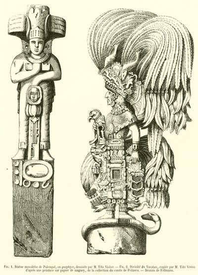 Monoliittinen Palenque-patsas, porfyyriä; Yucatanin jumalallisuus (kaiverrus) tekijältä French School