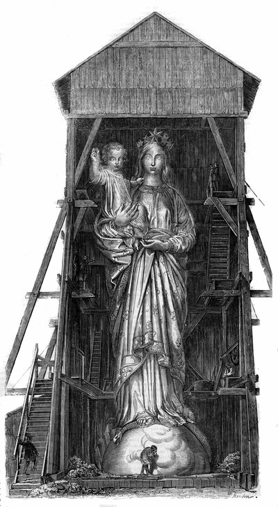 Notre Dame de Francen patsas Puy en Velayssa (Puy-en-Velay) Haute Loiressa (43): Sebastopolissa otettujen kanonien raudasta sulatettavan patsaan malli. Patsas valmistui vuonna 1860 ja oli 16 metriä korkea. Valokuvasta. Kaiverrus "" Le tekijältä French School