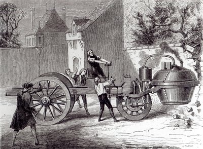 Höyrykäyttöinen auto, jonka keksi Nicolas Joseph Cugnot (1725-1804) vuonna 1771, 1886 tekijältä French School