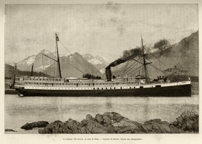Steamer The Queen, Sitkan satamassa (Alaska, USA). Bocherin kaiverrus, vuonna 1890, Le tour du monde, nouveau journal des voyages, toimittanut Edouard Charton (1807-1890), 2. lukukausi 1891, painos Hachette, Pariisi. tekijältä French School