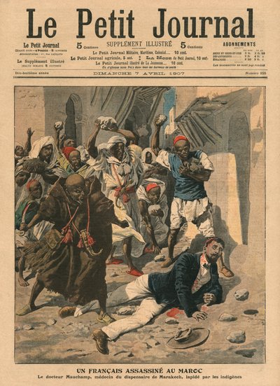 Ranskalaisen lääkärin Mauchampin kivittäminen Marokossa, kuvitus "Le Petit Journalista", liitekuva, 7. huhtikuuta 1907 tekijältä French School