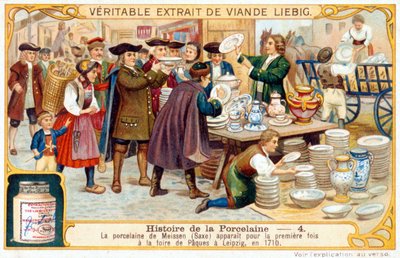 Posliinin tarina nro 4: Meissenin posliinia (Saksinmaa) esiteltiin ensimmäisen kerran Leipzigin pääsiäismessuilla vuonna 1710. Liebigin kromolitografia tekijältä French School