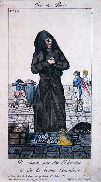 Tulitikkujen ja sytytyspuiden katukauppias, 1800-luvun alku (värikaiverrus) tekijältä French School
